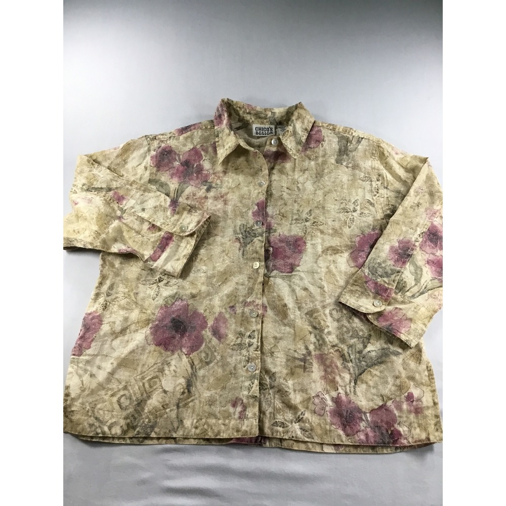 Chicos Size 2 Avante Garde Button Down Floral Shirt Tan Mauve Artistic Glam